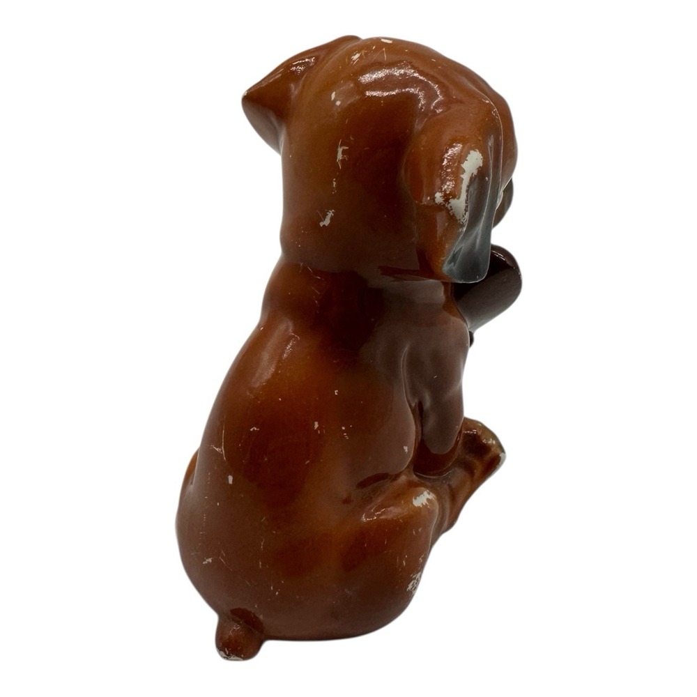 Vintage Boxer Dog Figurine Brown Puppy Statue Sitting Holding Shoe Brown Ceramic - Picture 5 of 6